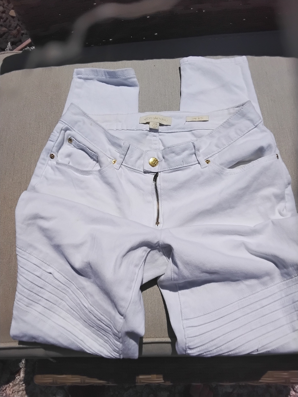 Nicki Minaj White Skinny Mid-Rise Moto Pants with Gold Hardware
